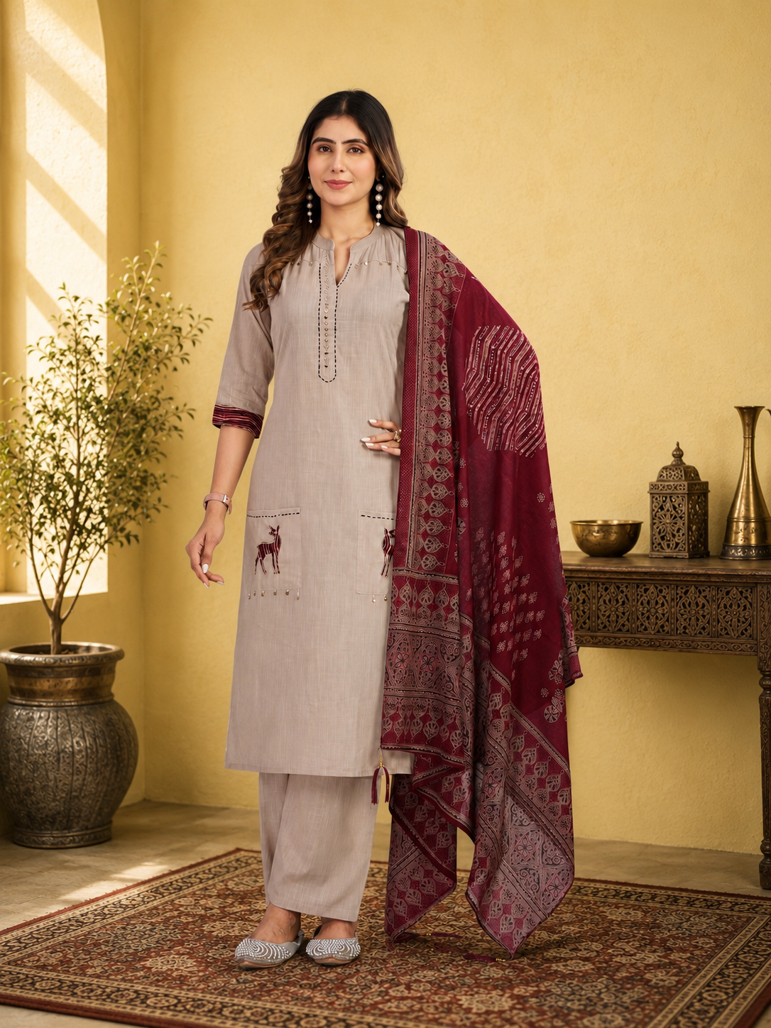 Beige Linen Cotton Straight Kurta Set with Contrast Maroon Ajrakh Print Dupatta