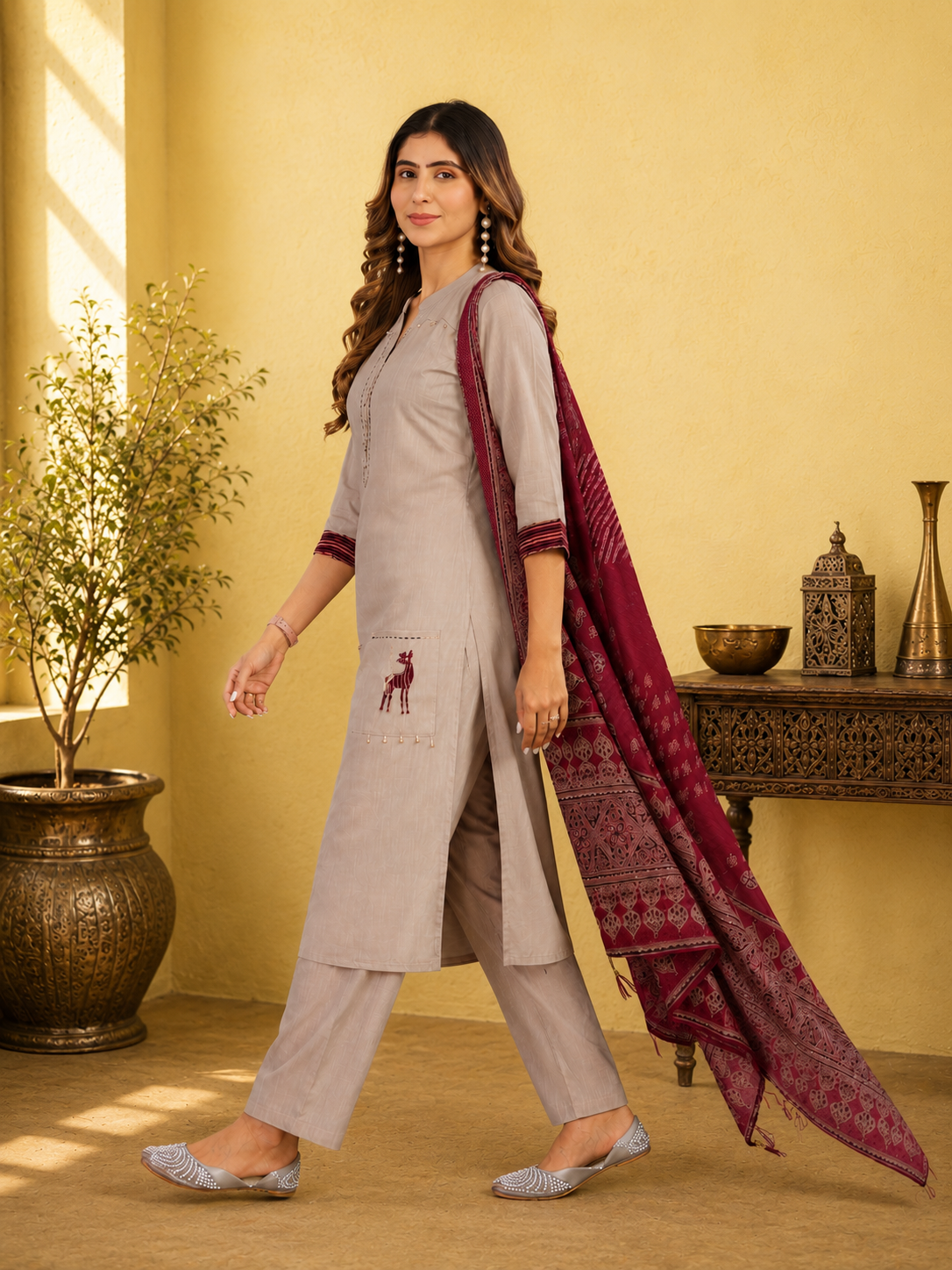 Beige Linen Cotton Straight Kurta Set with Contrast Maroon Ajrakh Print Dupatta