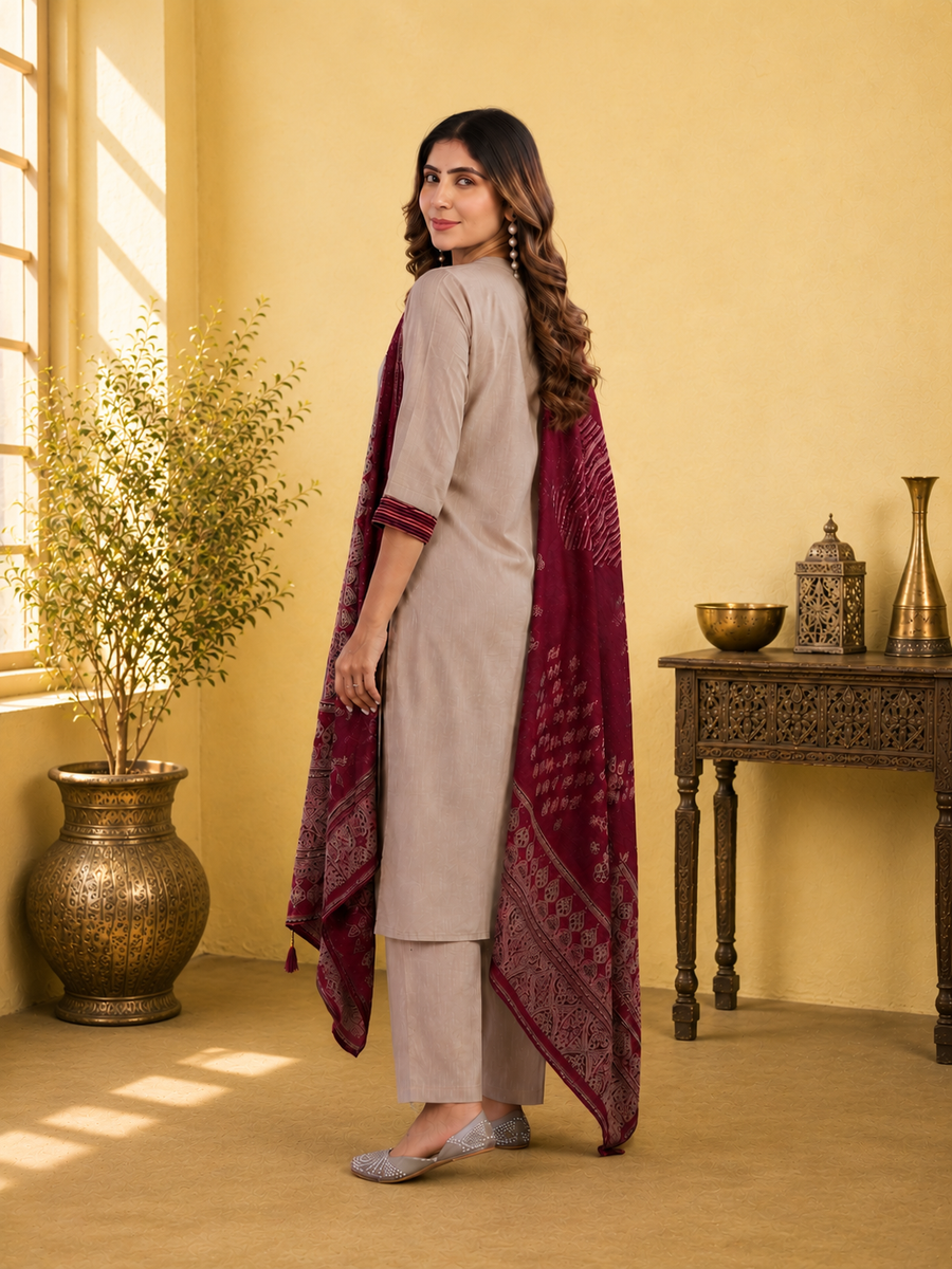 Beige Linen Cotton Straight Kurta Set with Contrast Maroon Ajrakh Print Dupatta