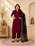 Wine Maroon Linen Cotton Straight Kurta Set with Contrast Black Ajrakh Print Dupatta