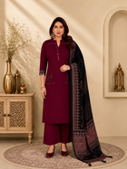 Wine Maroon Linen Cotton Straight Kurta Set with Contrast Black Ajrakh Print Dupatta