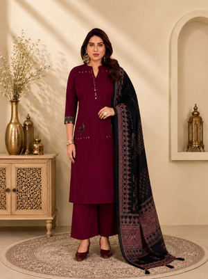 Wine Maroon Linen Cotton Straight Kurta Set with Contrast Black Ajrakh Print Dupatta