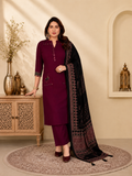 Wine Maroon Linen Cotton Straight Kurta Set with Contrast Black Ajrakh Print Dupatta