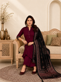 Wine Maroon Linen Cotton Straight Kurta Set with Contrast Black Ajrakh Print Dupatta
