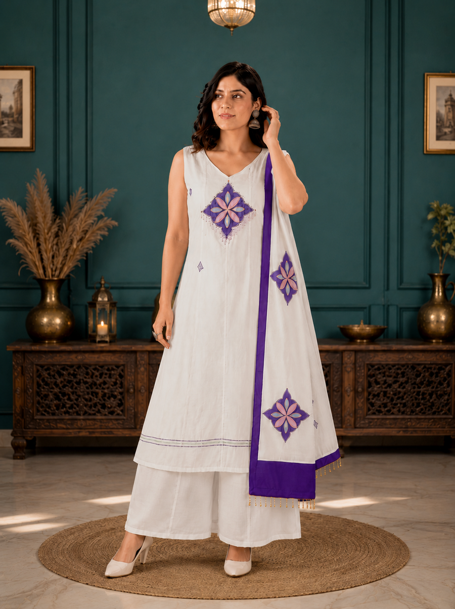 Off-White Mal Chanderi Straight Kurta Set with Royal Purple Applique Dupatta