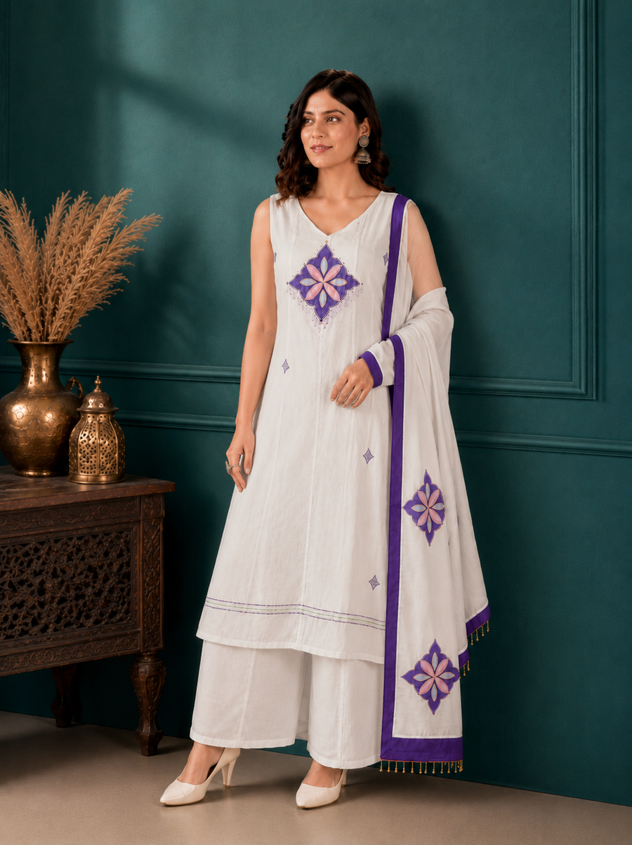 Off-White Mal Chanderi Straight Kurta Set with Royal Purple Applique Dupatta