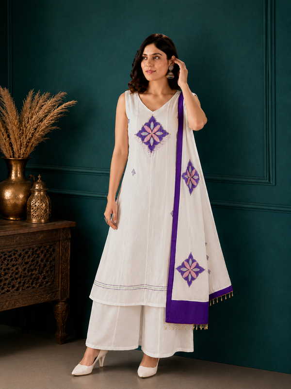 Off-White Mal Chanderi Straight Kurta Set with Royal Purple Applique Dupatta