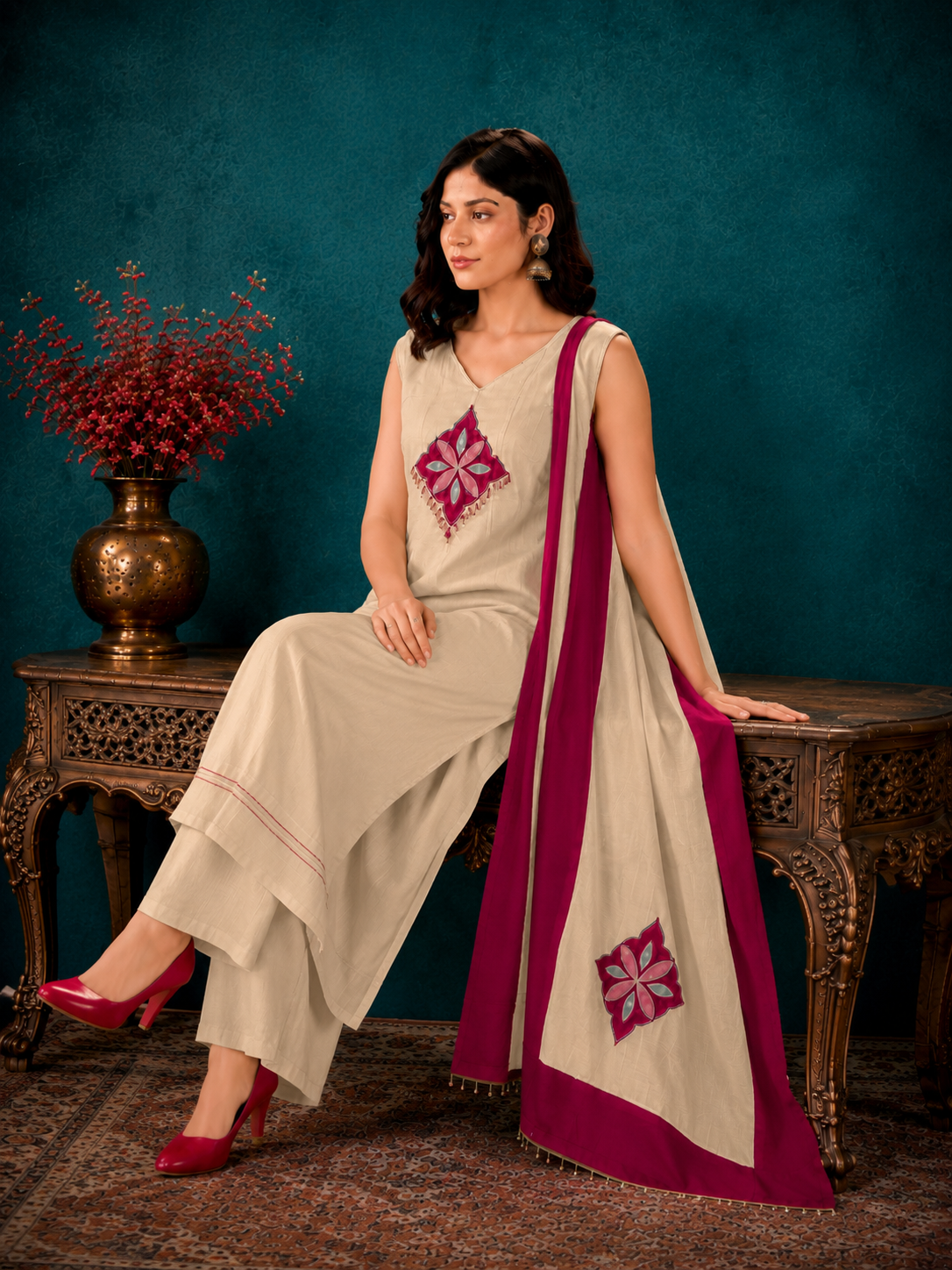 Beige Mal Chanderi Straight Kurta Set with Magenta Applique Dupatta