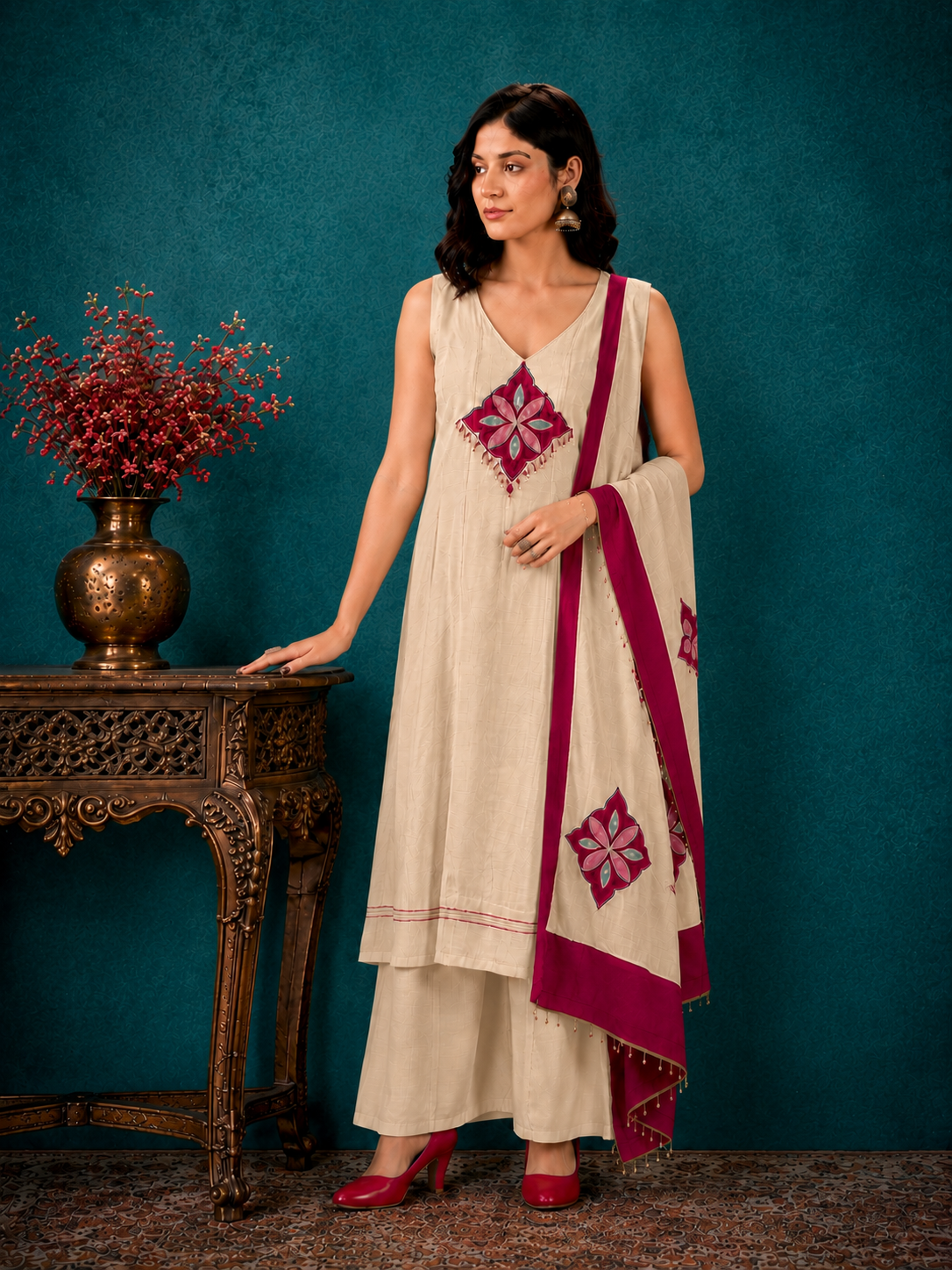 Beige Mal Chanderi Straight Kurta Set with Magenta Applique Dupatta