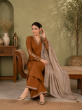 Rust Brown Viscose Roman Silk Anarkali Suit Set with Contrast Beige Dupatta