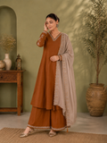 Rust Brown Viscose Roman Silk Anarkali Suit Set with Contrast Beige Dupatta