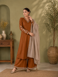 Rust Brown Viscose Roman Silk Anarkali Suit Set with Contrast Beige Dupatta