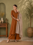 Rust Brown Viscose Roman Silk Anarkali Suit Set with Contrast Beige Dupatta