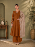 Rust Brown Viscose Roman Silk Anarkali Suit Set with Contrast Beige Dupatta
