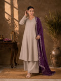 Beige Viscose Roman Silk Anarkali Suit Set with Contrast Purple Dupatta
