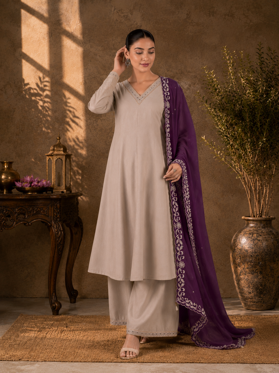 Beige Viscose Roman Silk Anarkali Suit Set with Contrast Purple Dupatta