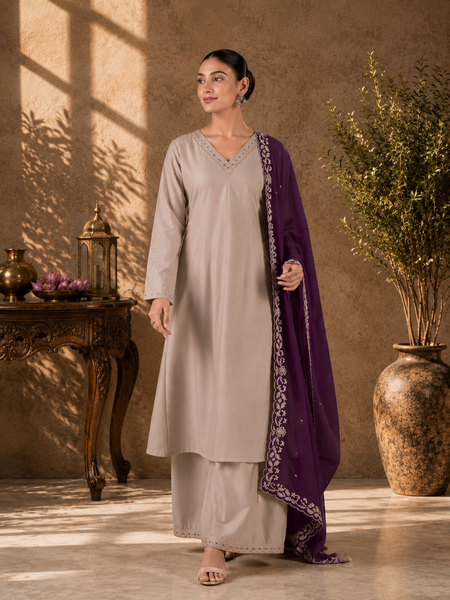 Beige Viscose Roman Silk Anarkali Suit Set with Contrast Purple Dupatta