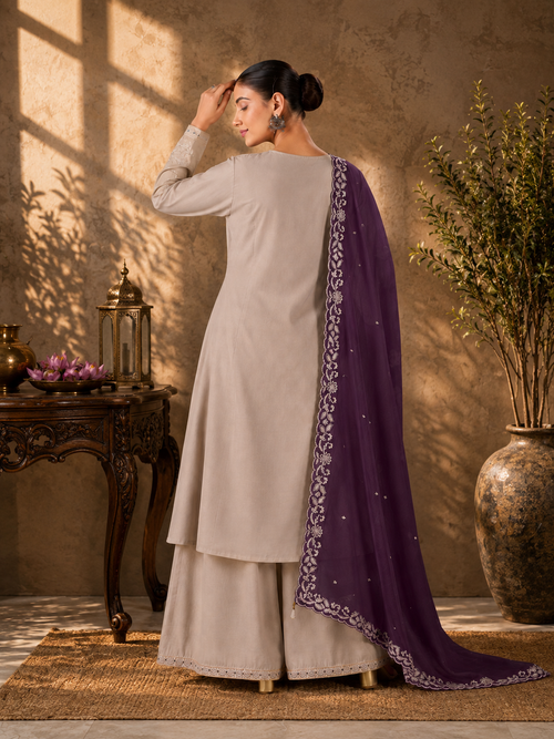 Beige Viscose Roman Silk Anarkali Suit Set with Contrast Purple Dupatta