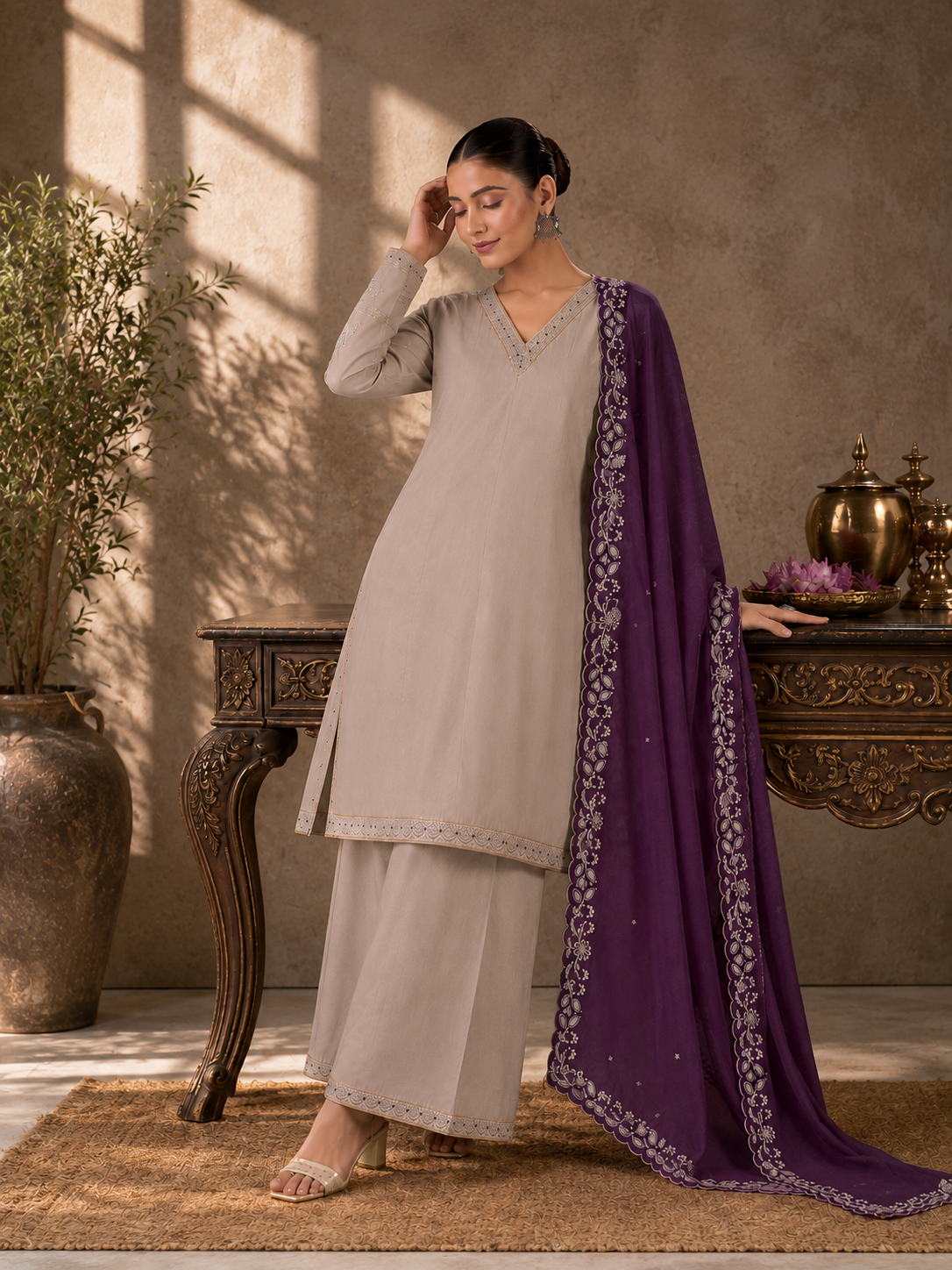 Beige Viscose Roman Silk Anarkali Suit Set with Contrast Purple Dupatta