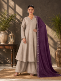 Beige Viscose Roman Silk Anarkali Suit Set with Contrast Purple Dupatta
