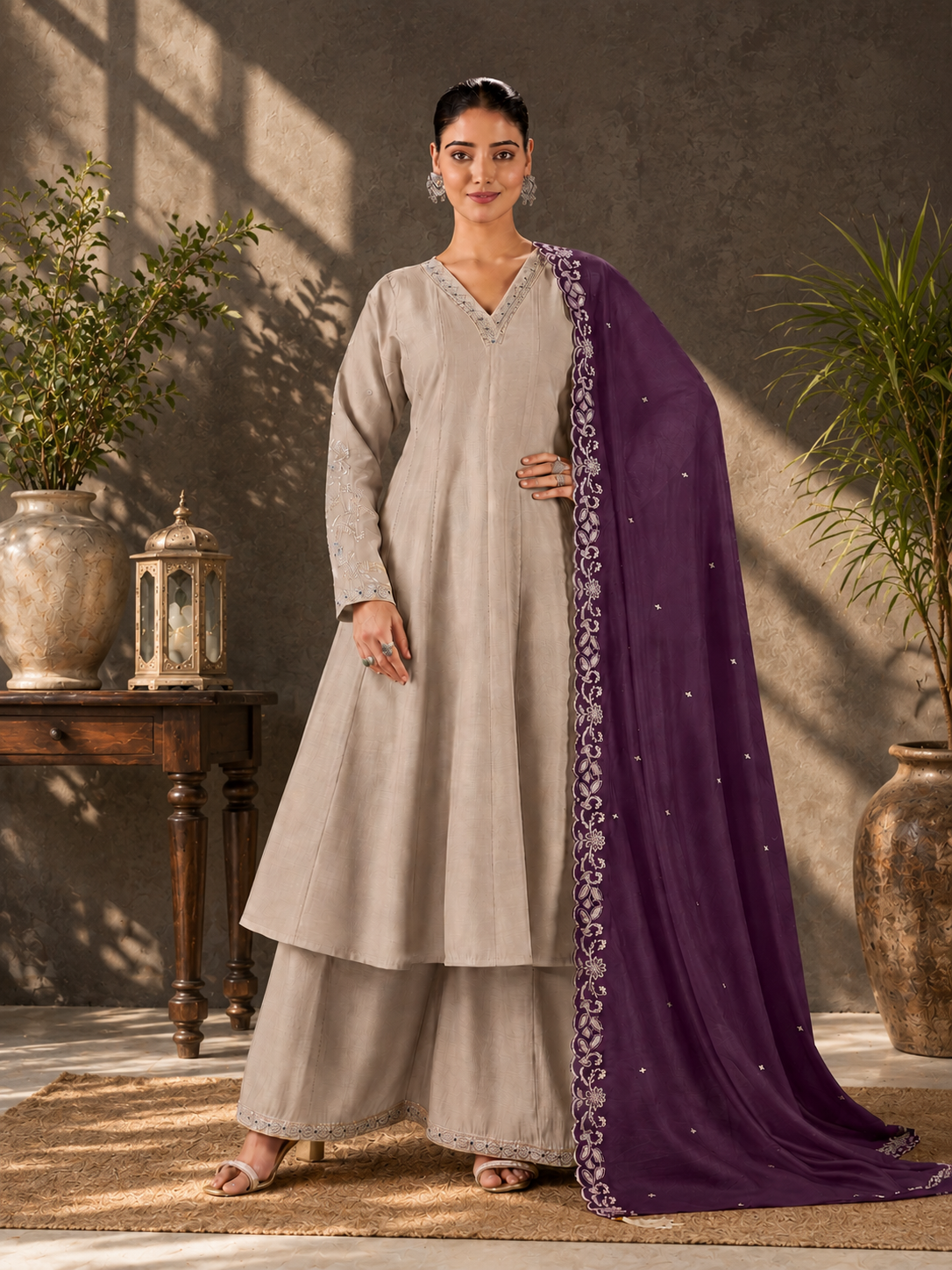 Beige Viscose Roman Silk Anarkali Suit Set with Contrast Purple Dupatta