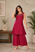 Deep Wine Magenta Vetican Silk Flared Palazzo Suit Set