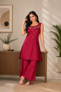 Deep Wine Magenta Vetican Silk Flared Palazzo Suit Set