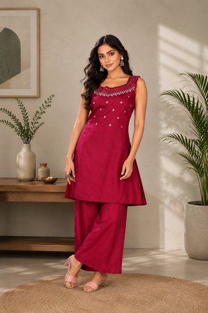 Deep Wine Magenta Vetican Silk Flared Palazzo Suit Set