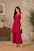 Deep Wine Magenta Vetican Silk Flared Palazzo Suit Set
