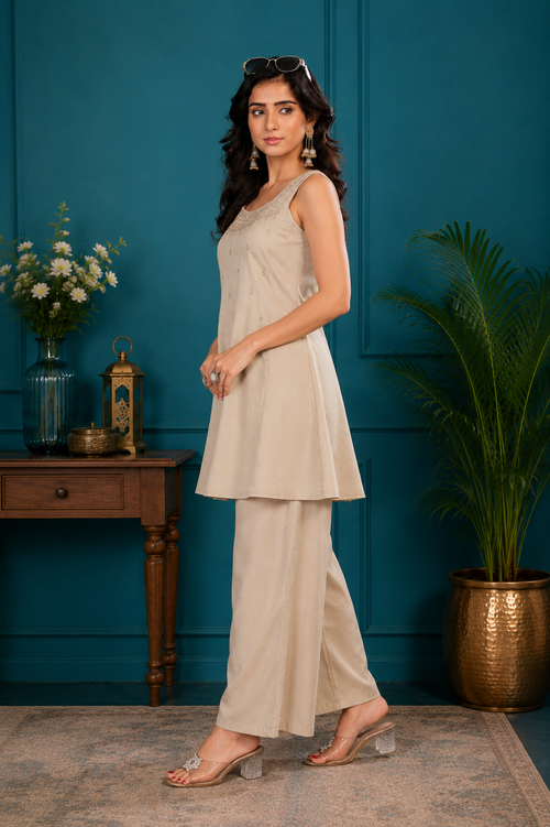 Champagne Beige Vetican Silk Flared Palazzo Suit Set