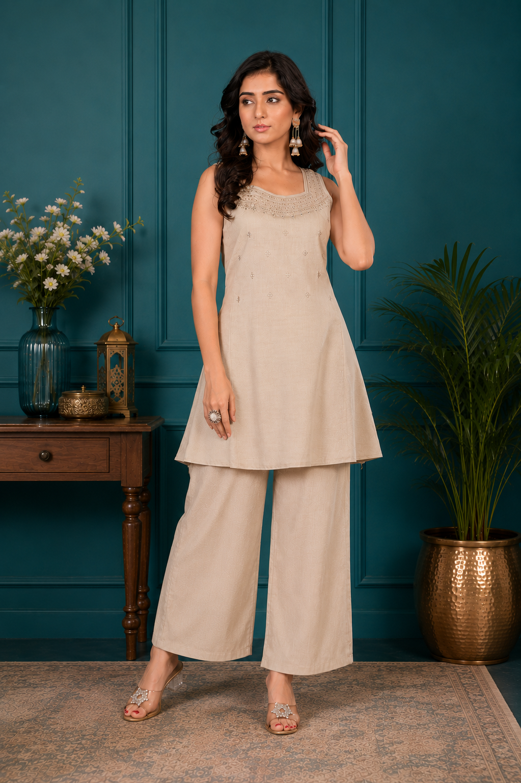 Champagne Beige Vetican Silk Flared Palazzo Suit Set