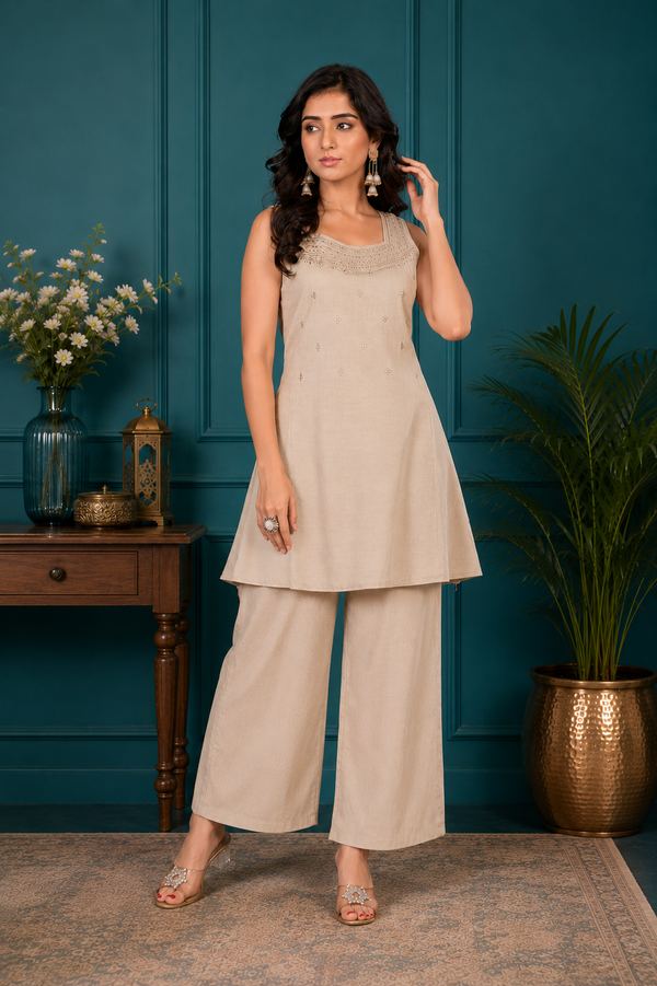 Champagne Beige Vetican Silk Flared Palazzo Suit Set