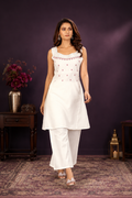 Prristine Off-White Vetican Silk Flared Palazzo Suit Set