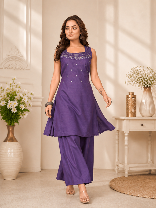 Royal Indigo Purple Vetican Silk Flared Palazzo Suit Set