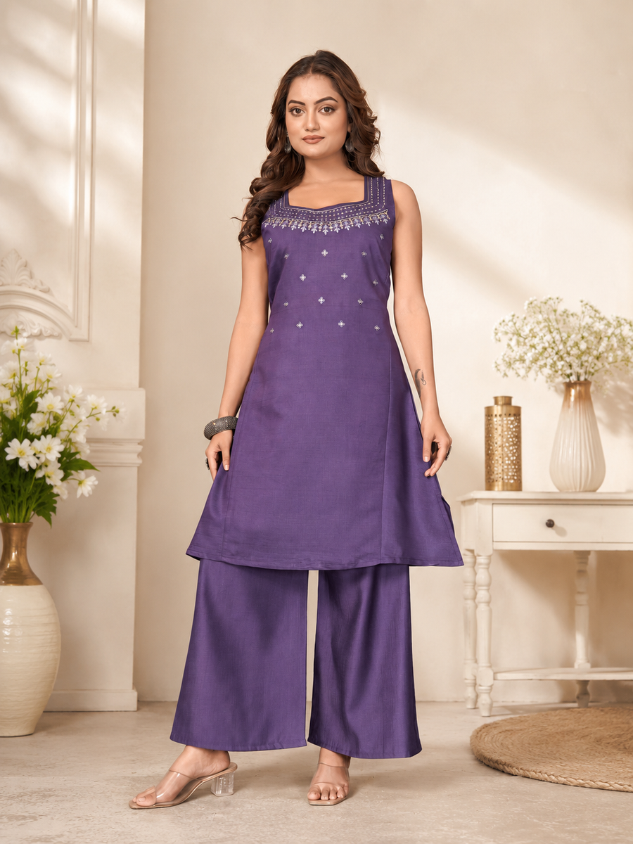 Royal Indigo Purple Vetican Silk Flared Palazzo Suit Set