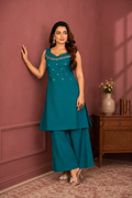 Teal Blue Vetican Silk Palazzo Suit