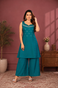 Teal Blue Vetican Silk Palazzo Suit