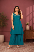 Teal Blue Vetican Silk Palazzo Suit