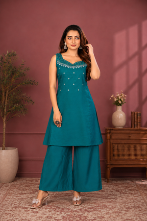 Teal Blue Vetican Silk Palazzo Suit