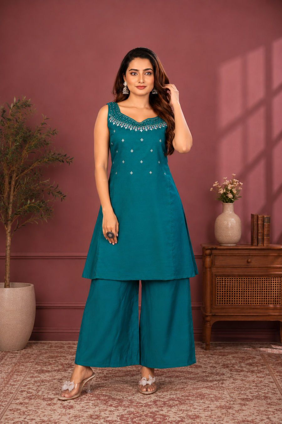 Teal Blue Vetican Silk Palazzo Suit