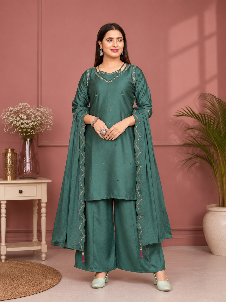 Deep Emerald Green Gaji Silk Palazzo Suit Set