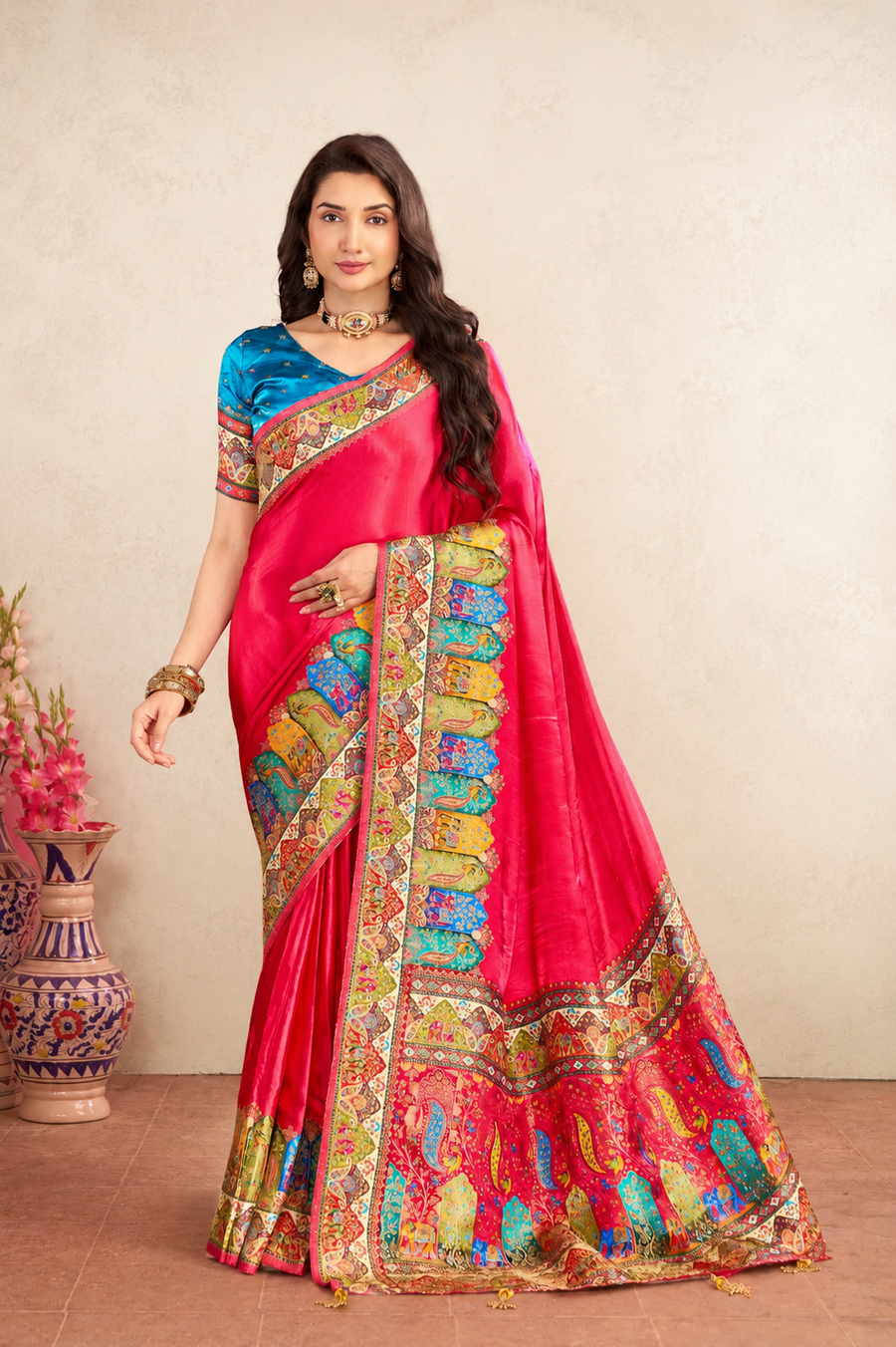 Pink Satin Silk Saree