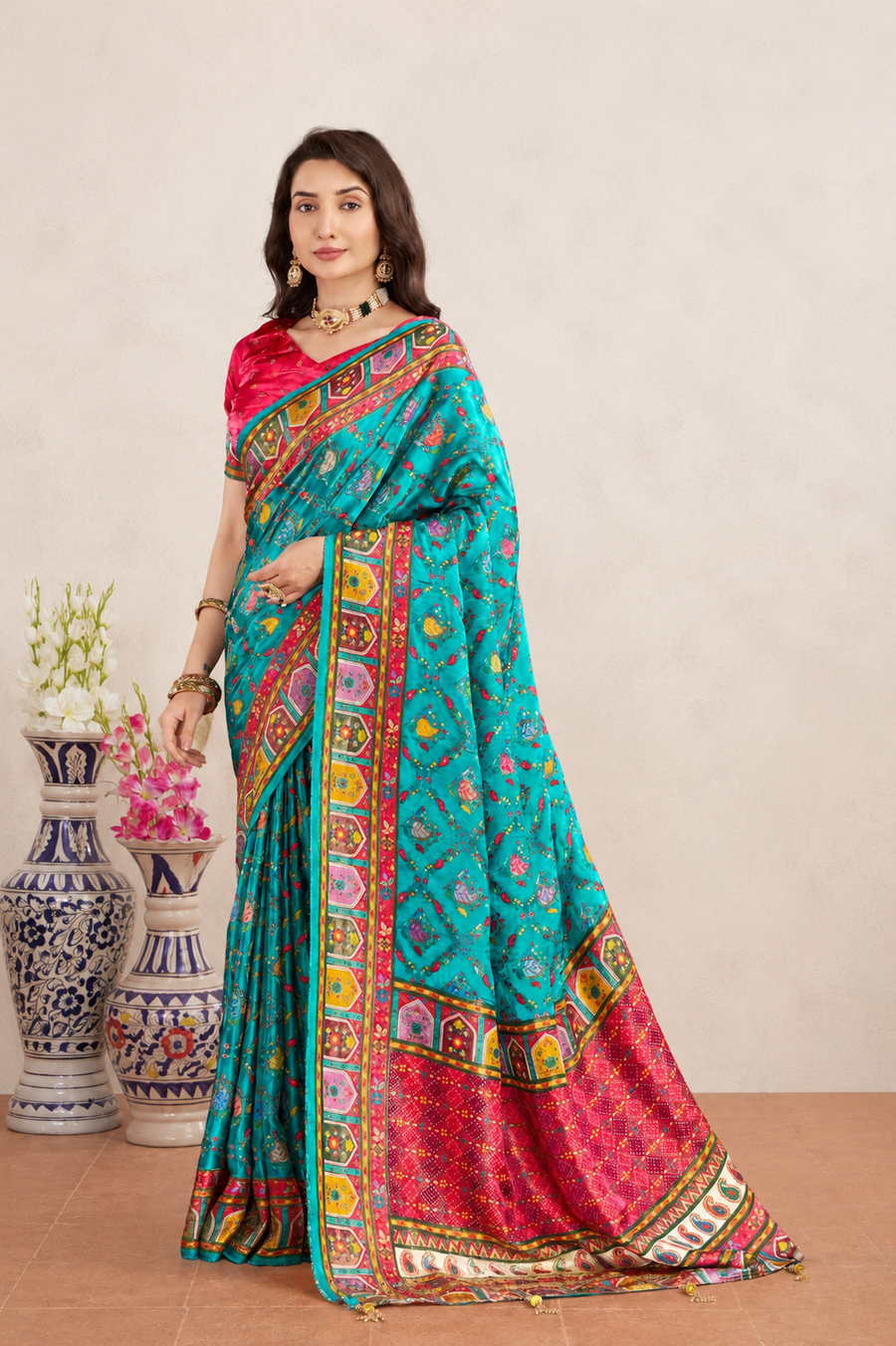 Turquoise Blue Satin Silk Patola Saree
