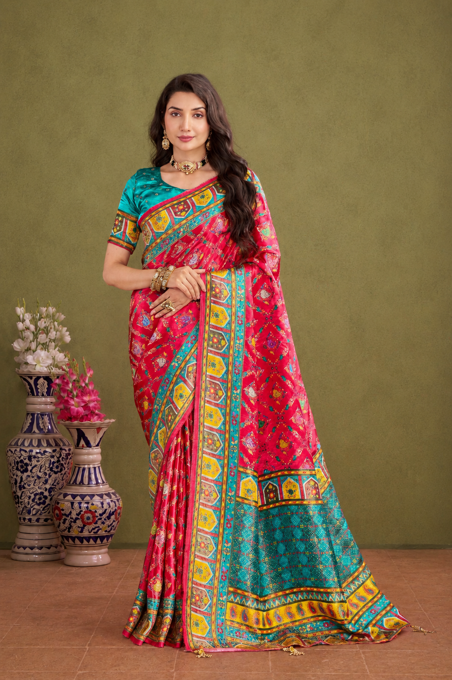 Fuchsia Pink Satin Silk Patola Saree