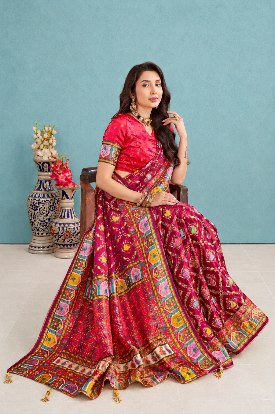 Maroon satin Silk Patola Saree