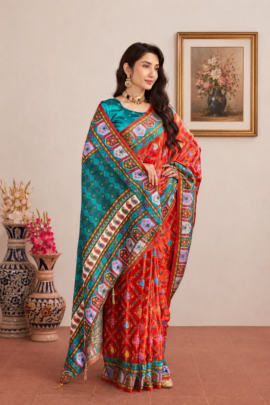 Vermilion Orange Satin Silk Patola Saree