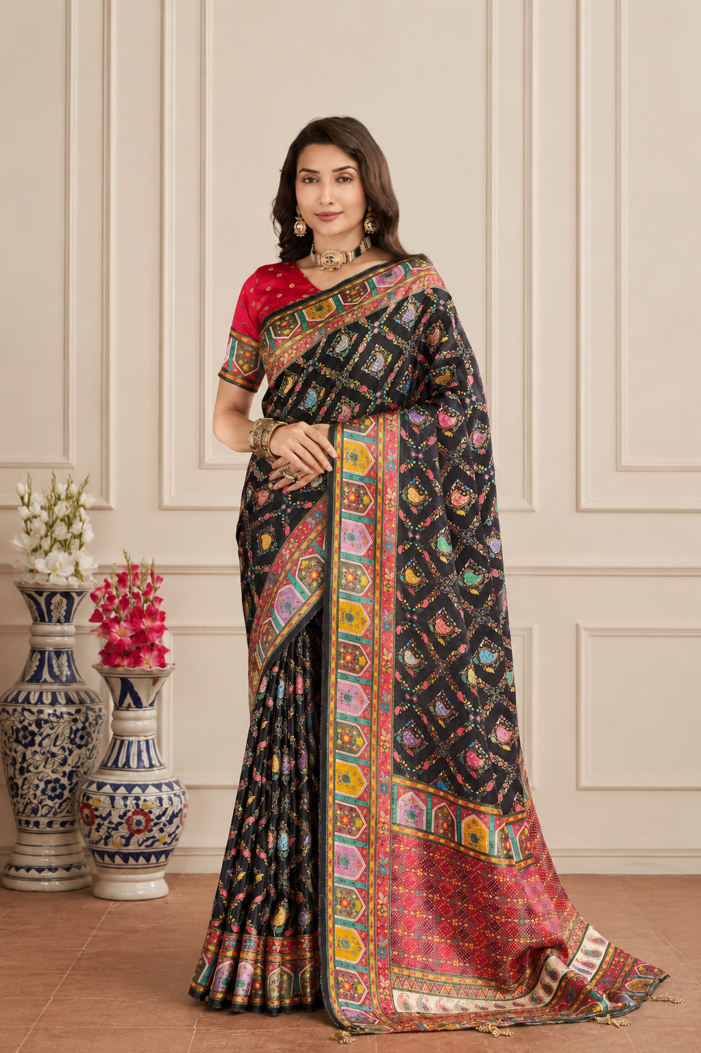 Black Satin Silk Patola Saree
