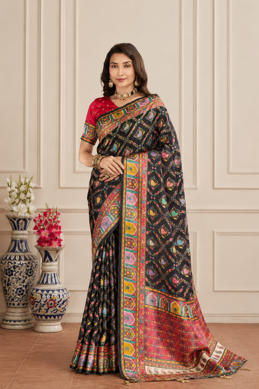 Black Satin Silk Patola Saree