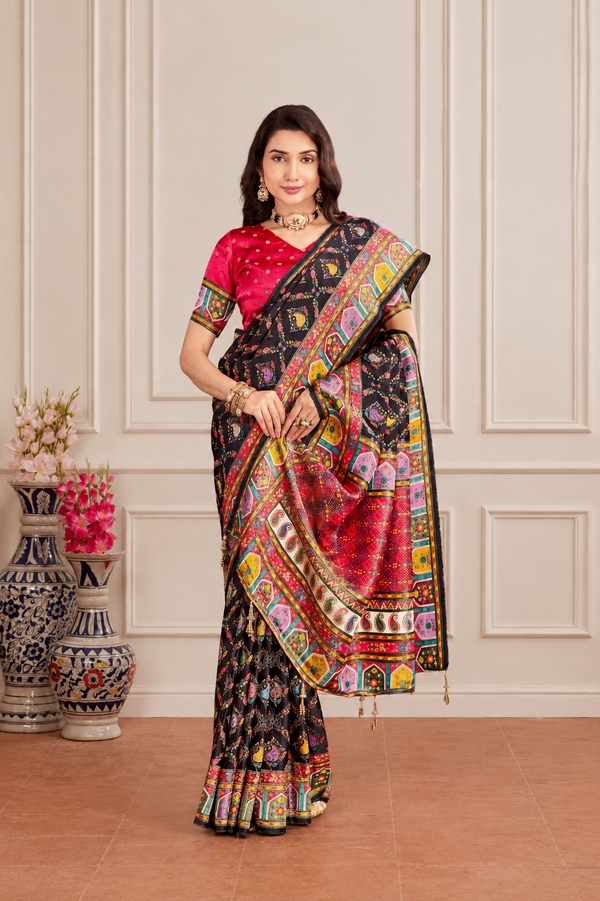 Black Satin Silk Patola Saree