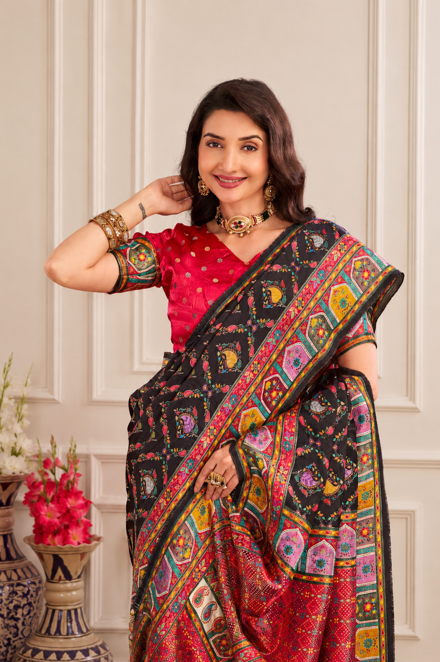 Black Satin Silk Patola Saree